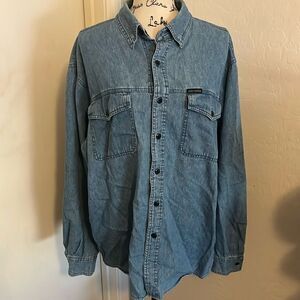 Vintage Harley Davidson Blue Chambray Ride Free Embroidered Flames Eagle Shirt